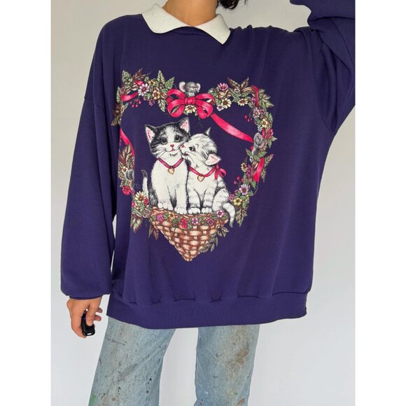 90s vintage purple cat kitten festive christmas graphic pullover sweatshirt 2XL - Picture 4 of 10